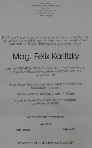 Parte von Mag. Felix Karlitzky, der seit 2005 als Lehrkraft an der GAFA unterrichtete 